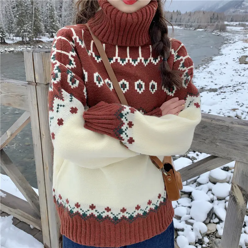 Suéter festivo de manga larga para mujer, jersey de cuello alto de tortuga, de Navidad para invierno