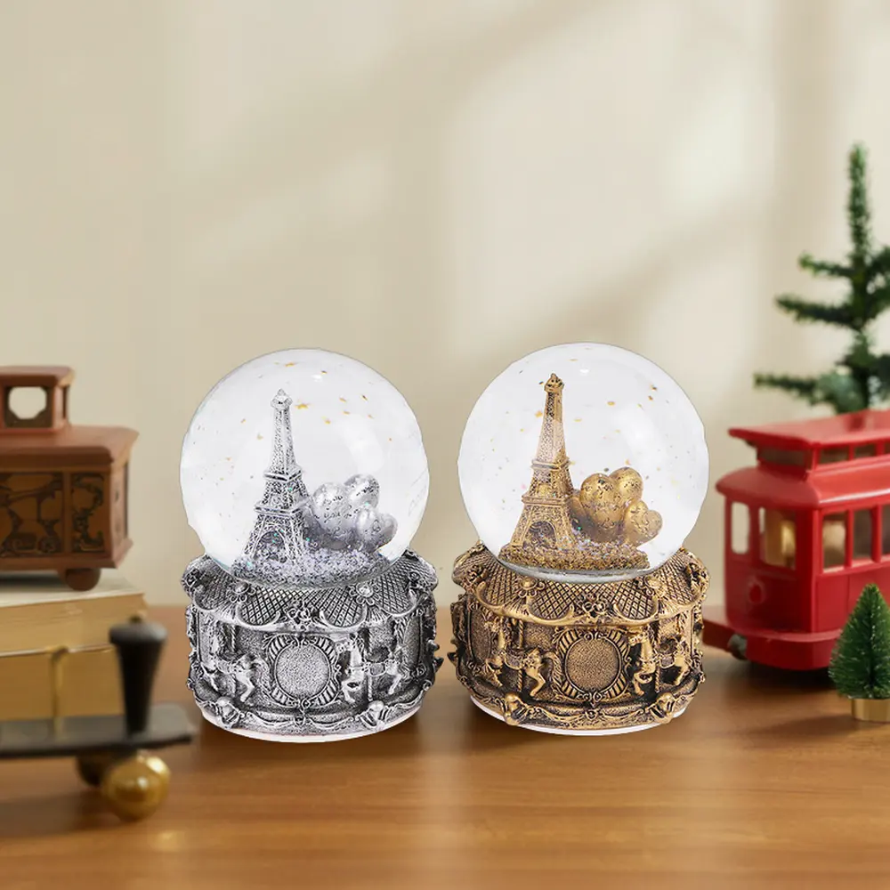 OEM personalizado efecto vintage globo de nieve Blancanieves Torre Eiffel modelo material de resina para la decoración del hogar y regalos de navidad