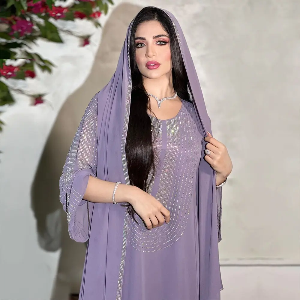 Dubai Tripulação Pescoço Mulheres Cachecol Strass Diamante Partido Abaya Aaress Muçulmano Hilbab Abaya Dubai Turquia Moda Muçulmana Vestido Hijab