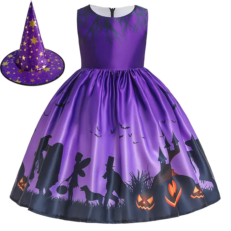 Anak Perempuan Lengan Pendek Hitam Penyihir Kostum Halloween Garis Labu Ayunan Gaun Pesta Kostum untuk Anak-anak