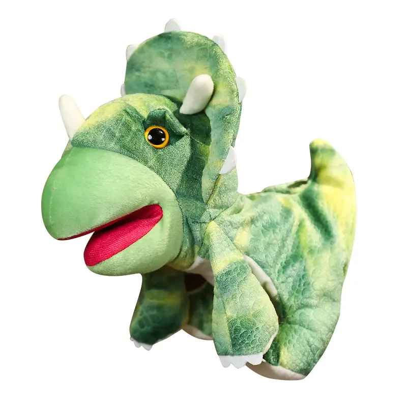 25 cm promotionnel doux réaliste Tricerosaurus personnalisé OEM conception main marionnette jouet en peluche bébé dinosaure main marionnette