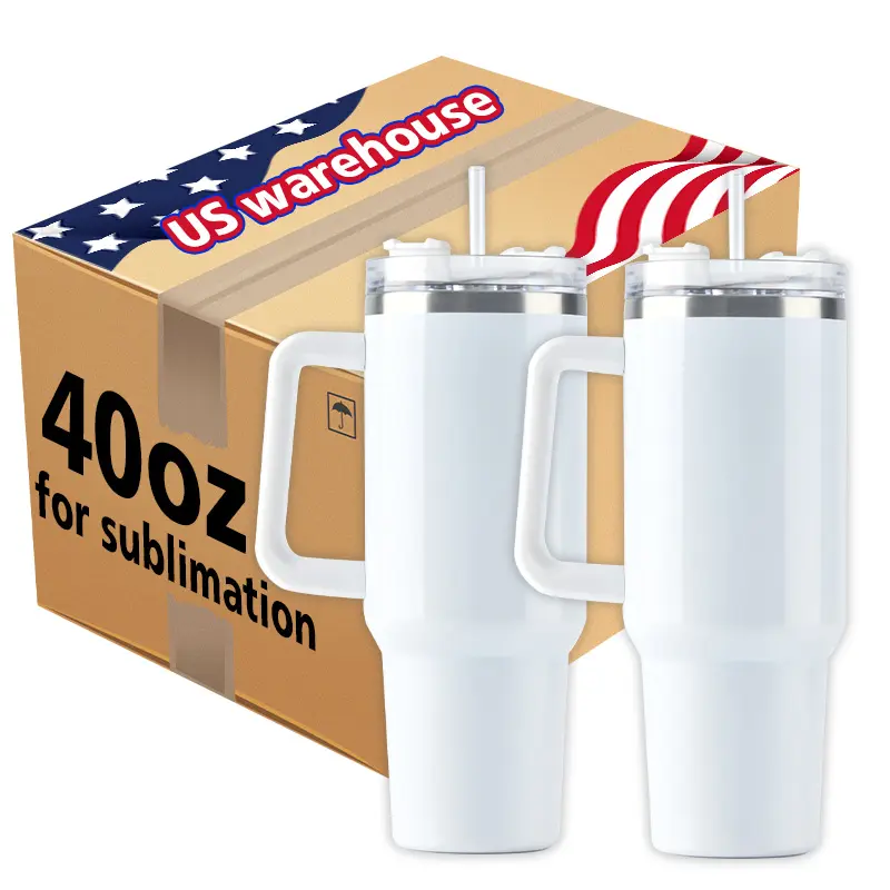 USA WAREHOUSE Double Walled Stainless Steel Travel Mug 40oz Car Cup Tumbler With Handle Sublimation Blanks Cup Quencher Tumbler