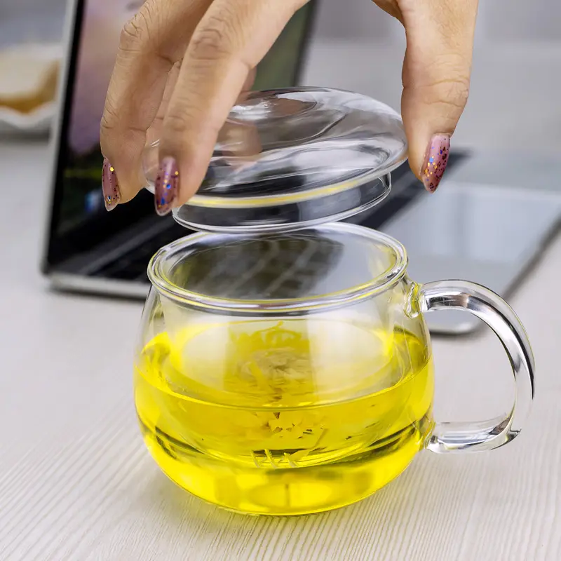 Taza de vidrio con mango de cinturón resistente al calor, vaso de vidrio con filtro de tapa, té de flores, alta borosilicato, se puede calentar y refrigerar