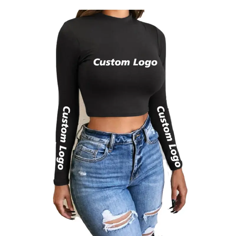 Top corto personalizado para mujer, Camisetas básicas sexys, camisetas cortas de manga larga con Logo personalizado