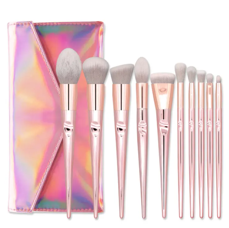 10 PIÈCES En Aluminium Portable Poignée Pinceaux De Maquillage Rose Laser Sac Pouce Kit De Maquillage