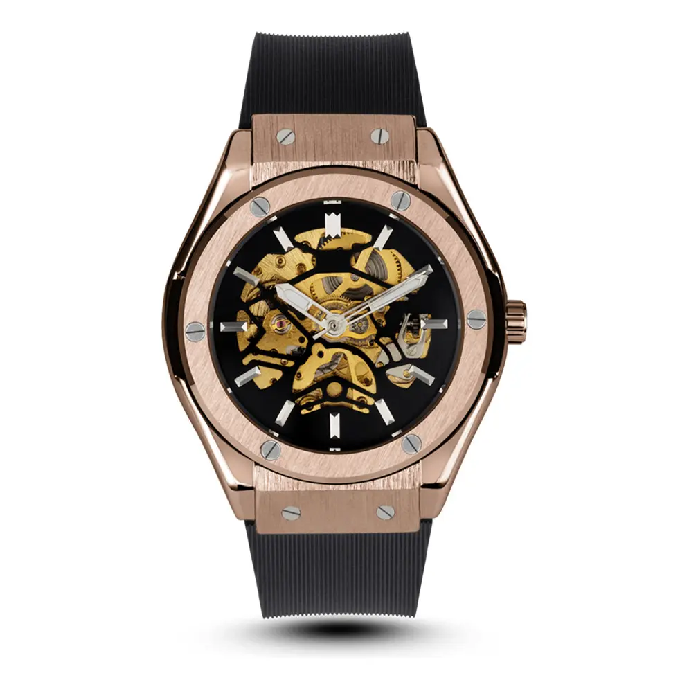 เซินเจิ้น ODM ออกแบบของคุณเองสายยางโรสโกลด์นาฬิกาโครงกระดูกอัตโนมัตินาฬิกากลสำหรับผู้ชาย