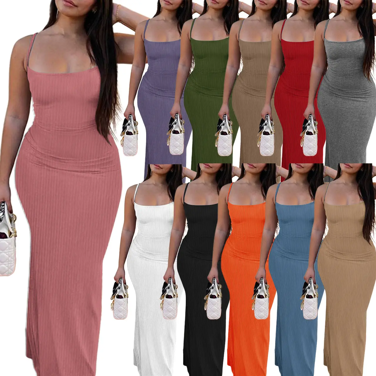 OLAF 2024 Summer Sexy Women Plus Size Solid Casual Dress Long Knitted Bodycon Dresses Women Maxi Casual Halter Dress