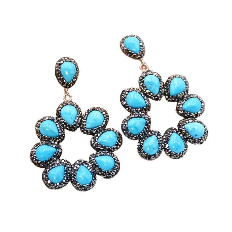Gioielli di moda zircone nero pietra preziosa naturale blu turchese conchiglia bianca orecchini di corallo rosso borchie a forma di fiore orecchini in argento