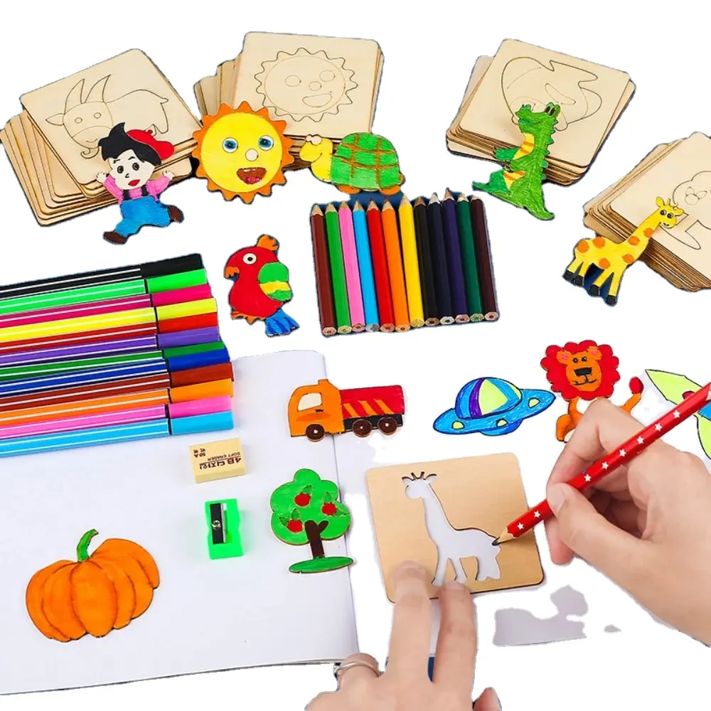 Enfants Montessori dessin jouets en bois bricolage peinture modèle pochoirs jouets éducatifs pour enfants drôle apprentissage cadeaux