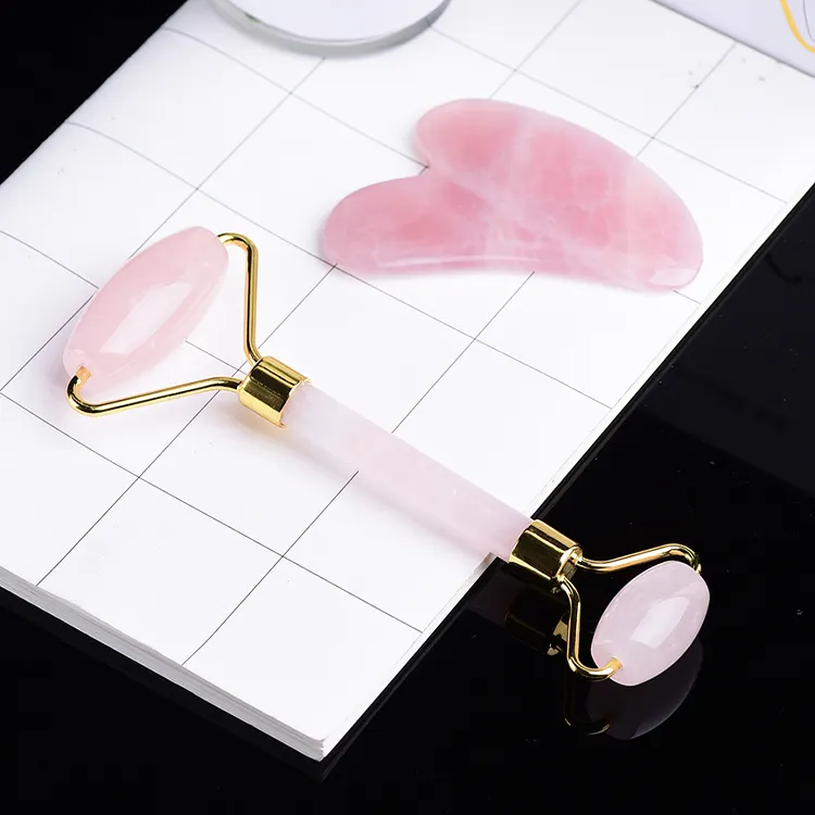 Wholesale Cuarzo Agate Jade Rose Quartz Dalmatian Amethyst Facial Tool Set Gua Sha Stone Face Roller Massager Instrument