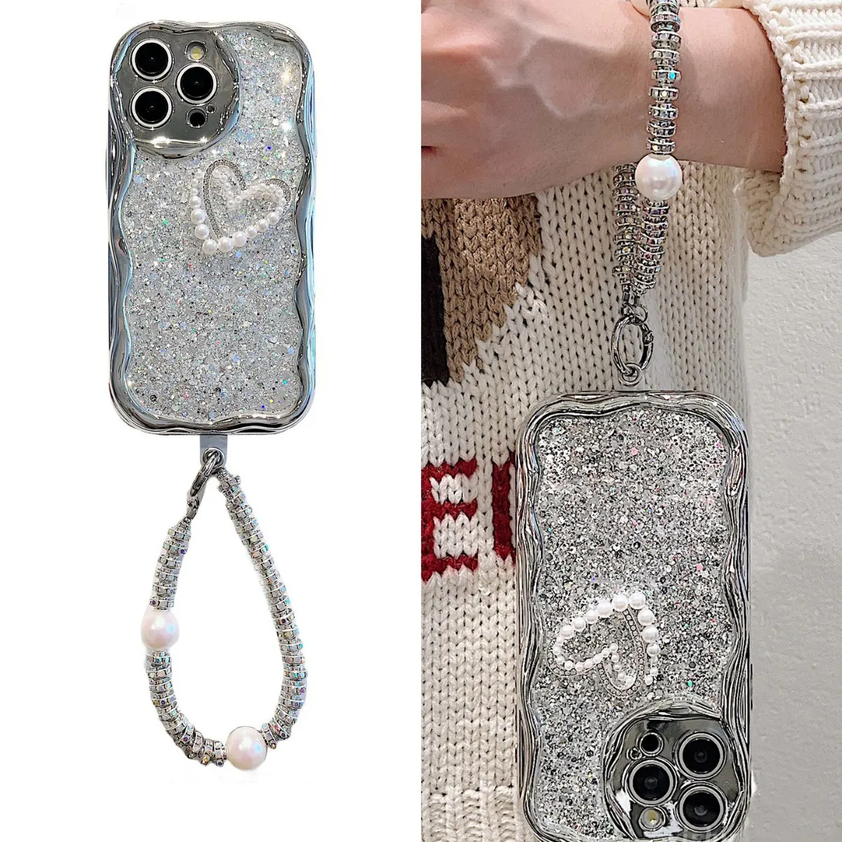 Luxury Glitter Lanyard Phone Case For iPhone 15 14 Plus 13 12 Pro Max Lanyard Silvery Plating Bling Bling Phone Case Back Cover