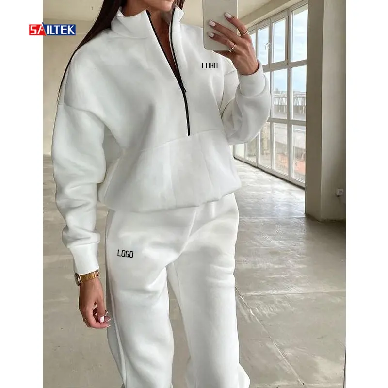 Custom women fleece tracksuit two piece half zip pullover hoodie and jogger pants sets jogging suit