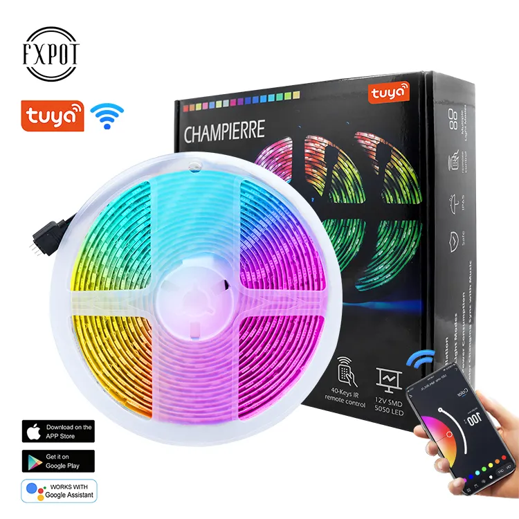 Fxpot Wifi Smart Rgb Dimming Controller di gruppo pieghevole 12v 5m Tuya Rgb Smart Led Strip Light