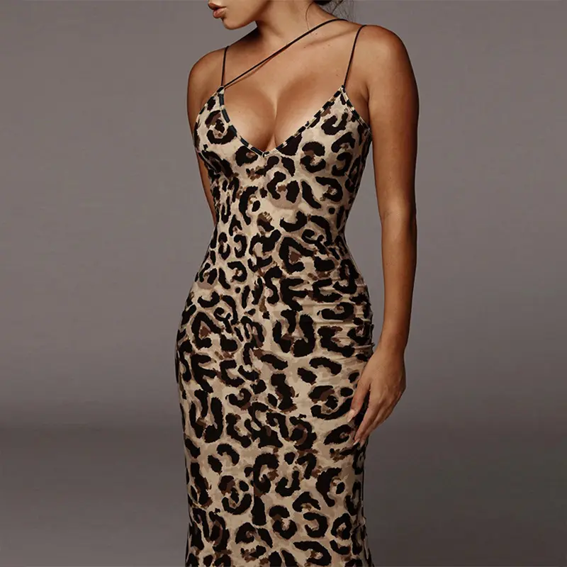 Nuovi abiti estivi da donna con scollo a V senza schienale abiti con stampa leopardata sexy alla moda
