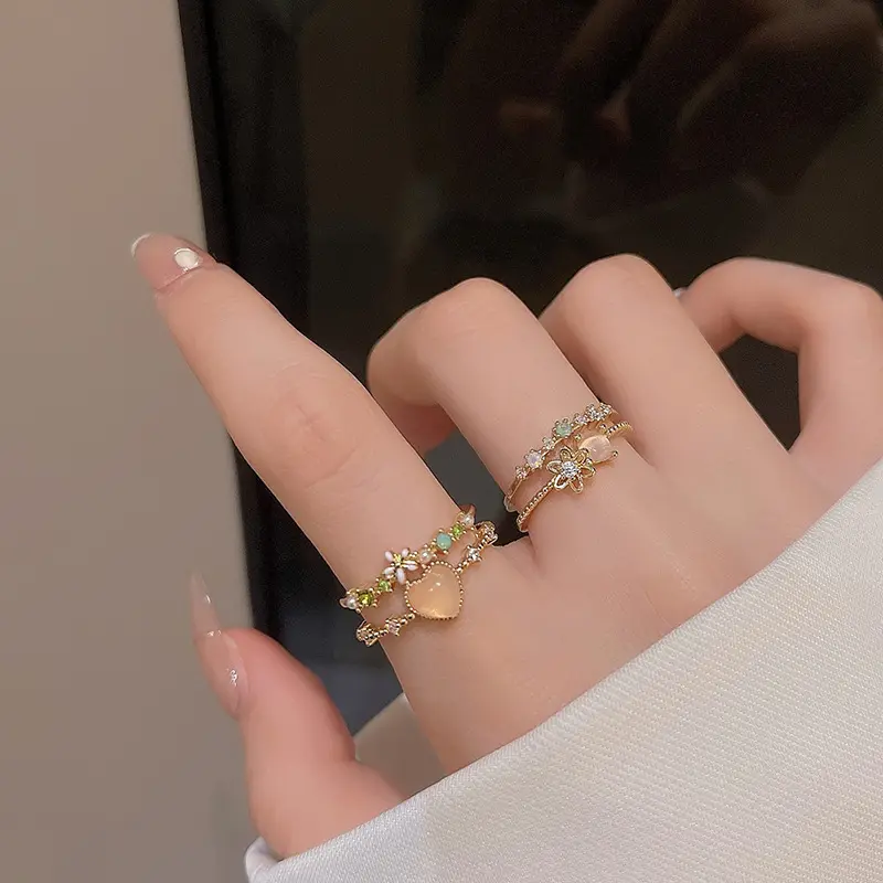 ODM Korean Diamond Crystal Flower Leaf Fruit Finger Ring Sweet Opening Colorful Zircon Promise Rings for Women
