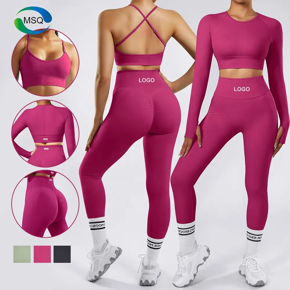 Venta al por mayor de ropa de mujer personalizada 3 piezas conjuntos de fitness gimnasio Legging sin costuras Fitness manga larga Crop Top Yoga traje ropa deportiva