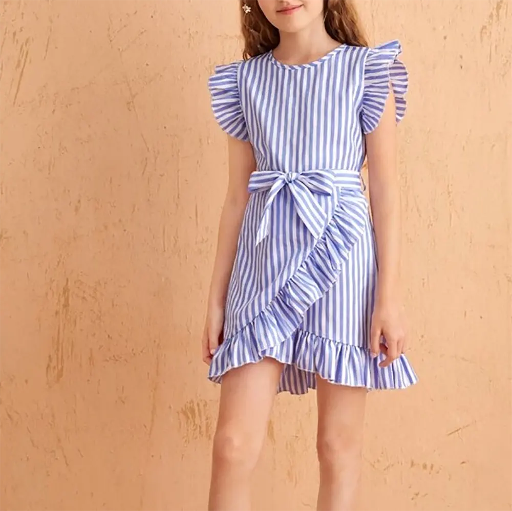 Summer Stripe Blue Toddler Clothes Crianças Sweet Party Pretty Kids Girls 2 a 14 Years Old rosa fairy dress