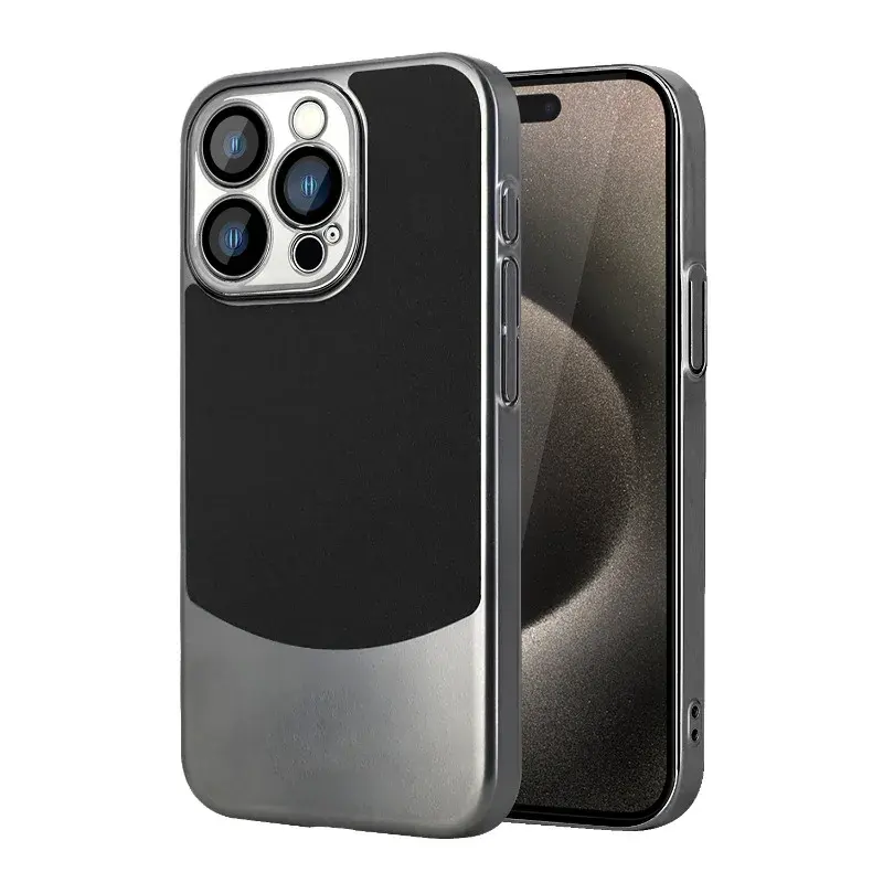 Funda de teléfono celular de cuero de negocios con lente protectora de cámara galvanoplastia PC dura cubierta ultrafina para IPhone 15 Pro Max