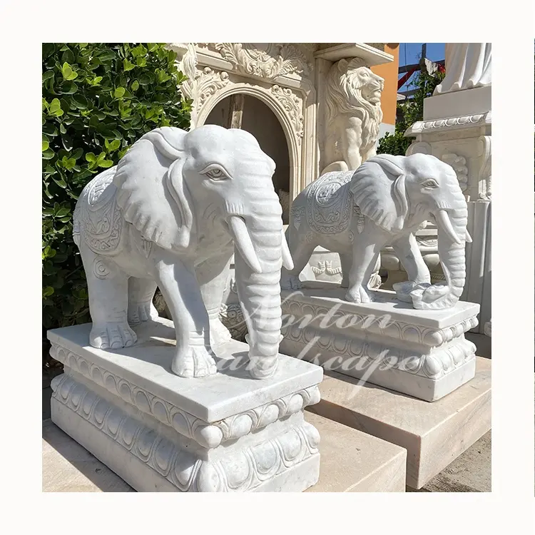 Mano tallada talla de piedra de mármol blanco elefante estatua escultura para la decoración del jardín
