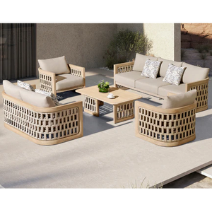 Outdoor Luxe Terras Set Touw Geweven Natuurlijke Teak Houten Bank Met Combinatie Van Strapping Patio Tuin En Kussen Villa Hotel - Product Image 1