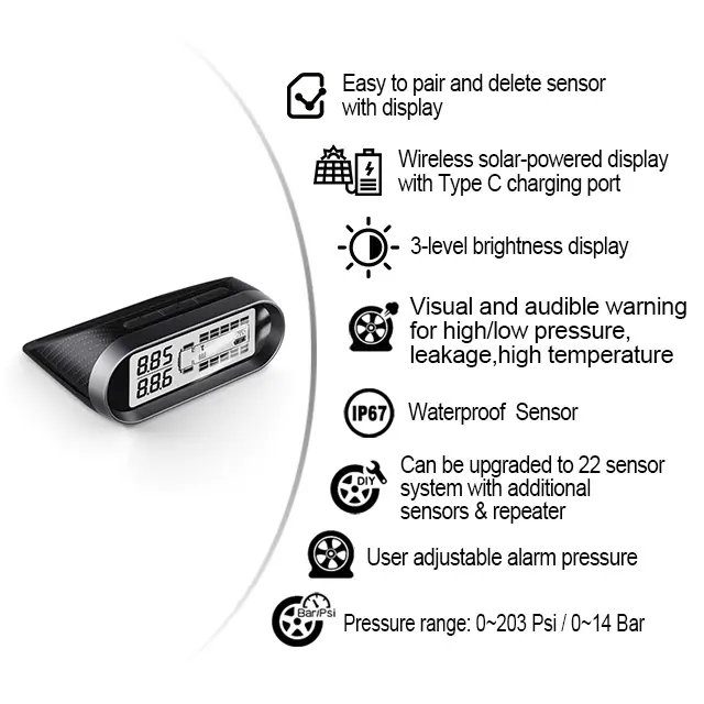 Factory Offer Solar Power Display Wireless Tire Pressure Monitor for Truck Tpms System 12 Tires External Tyre Pressure Sensor