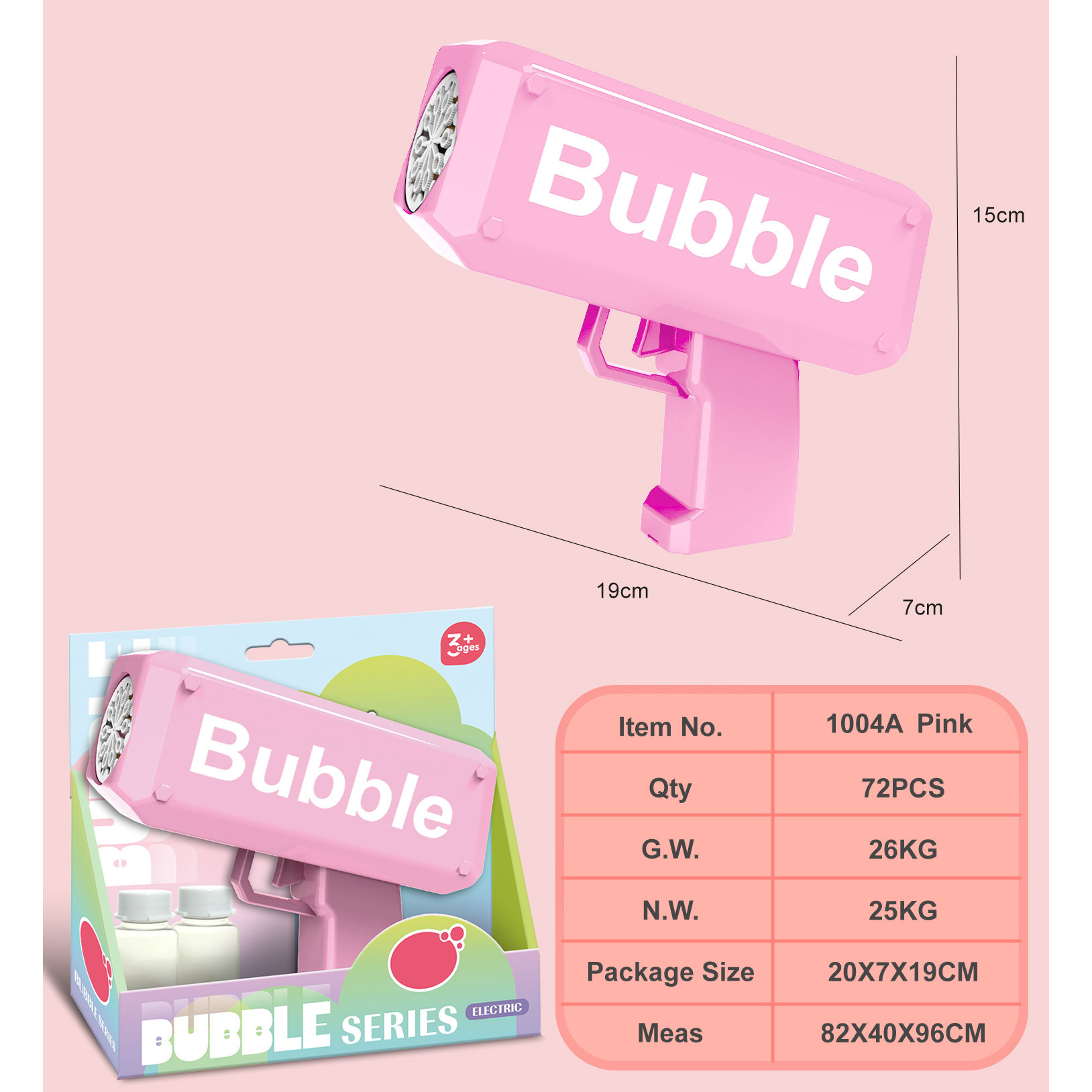 Pink 10-hole bubble gun, 40ml water * 2, display box