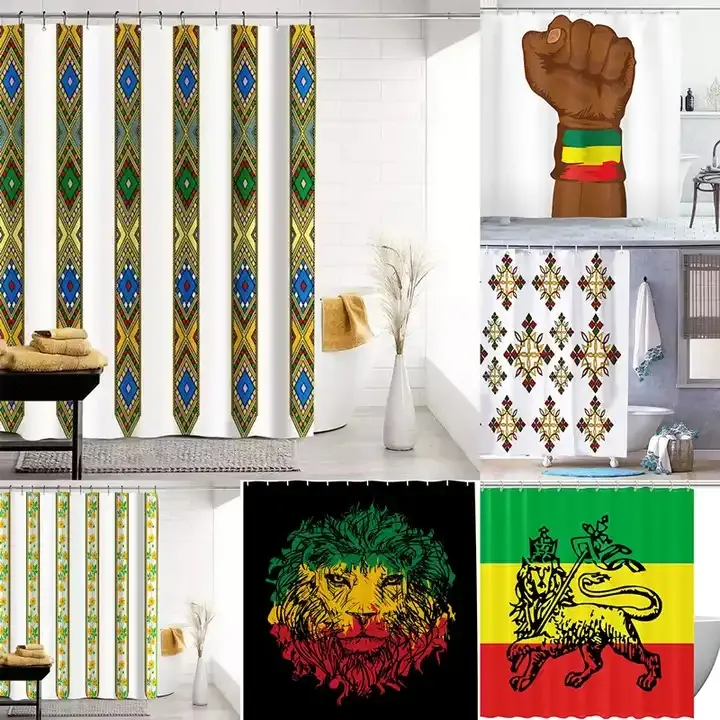 Juda Lion Drapeau Durable Étanche 3D Impression Numérique Éthiopien Design Traditionnel Rasta Rideau de Douche pour Salle de Bain