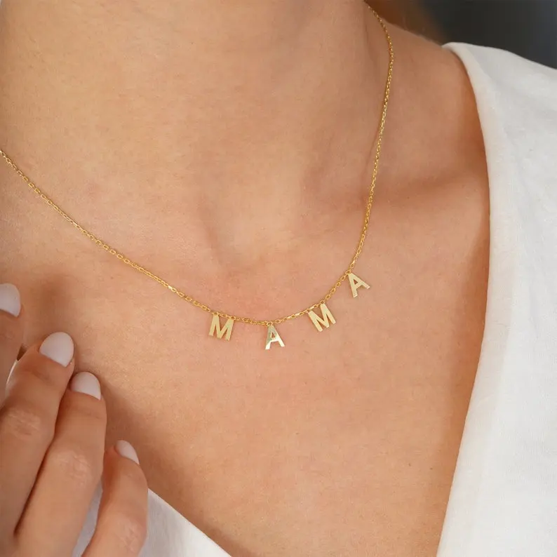 R.Gem. Collana mamma iniziale personalizzata minimalista in oro massiccio 14 carati con nome personalizzato