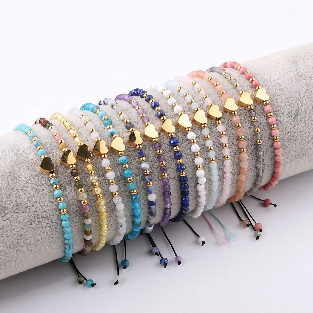 Thiết Kế Mới 3Mm Mặt Đá Quý Trang Sức Thép Không Gỉ Hạt Tim Charm Macrame Điều Chỉnh Tùy Chỉnh Bracelet Cho Phụ Nữ