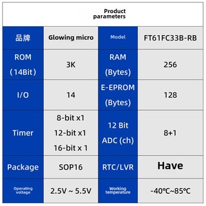 Huimang microcontrollore FT61FC33B-RB SOP16 tipo di pubblicità Microchip supporta lo sviluppo e la programmazione di schemi di componenti elettronici - Product Image 2