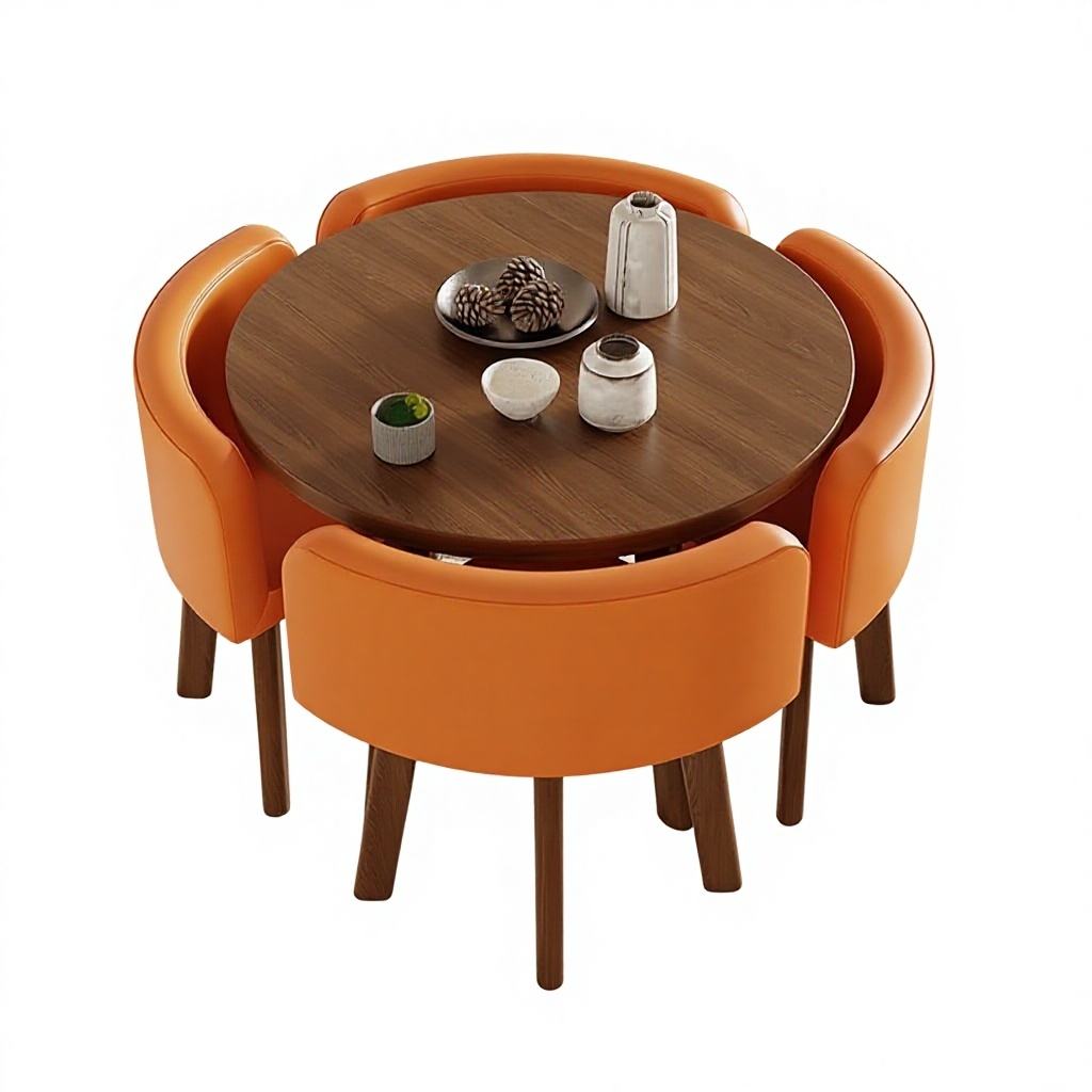 80cm walnut pattern round table + 4 orange leather chairs