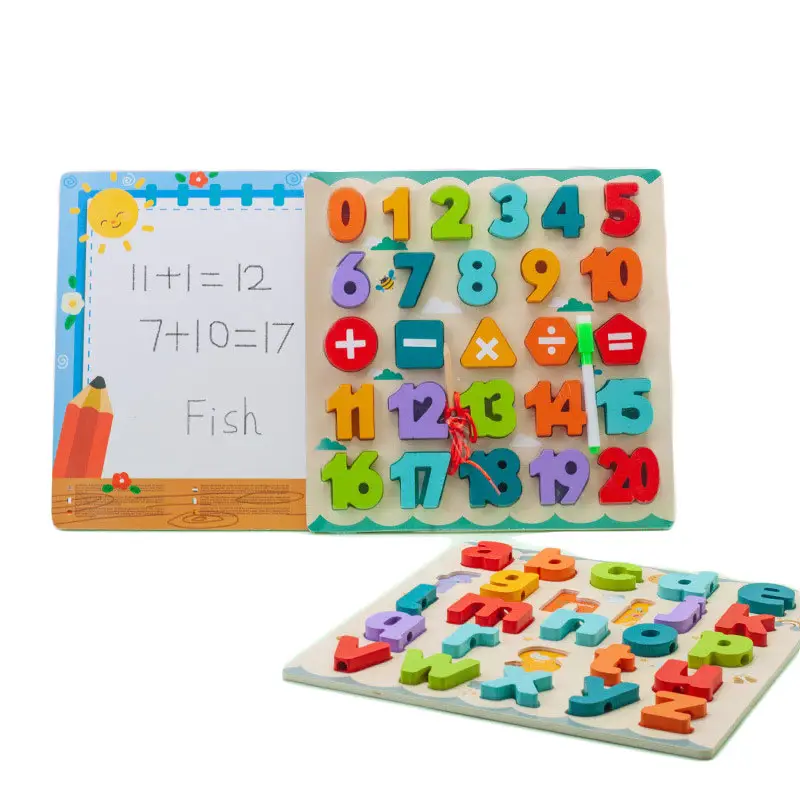 Placa de quebra-cabeças 3 em 1 para crianças, brinquedo educacional, frisado, para aprendizado em inglês, alfabeto, de madeira