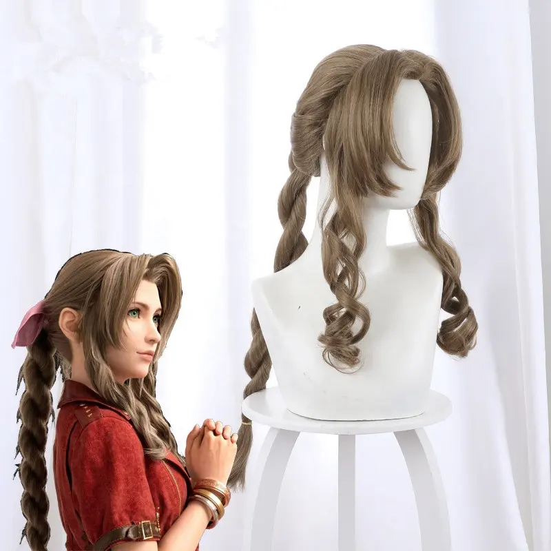 Wholesale 80cm Long Curly Flaxen Final Fantasy 7 Perruque Aerith Gainsborough Wig Cosplay Synthetic Anime Wigs CS-434A