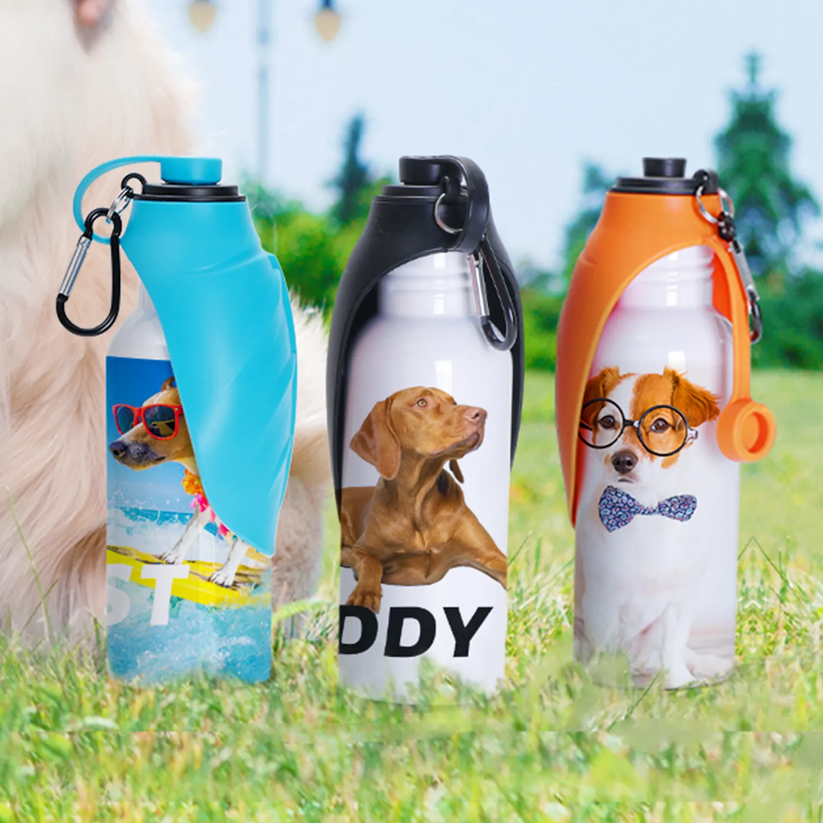 Garrafa de água para cães em aço inoxidável, copo portátil de sublimação para animais de estimação, garrafa de água personalizada com dispensador de silicone, 20 onças