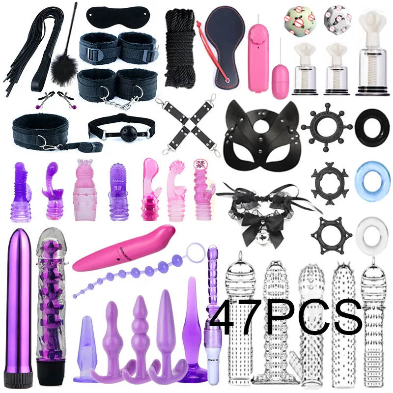 47 UNIDS BDSM Sex Bondage Kits Esposas Pezón Abrazaderas Látigo Nalgadas Anal Plug Vibrador Butt SM Producto Juguetes Sexuales para Mujeres Hombres