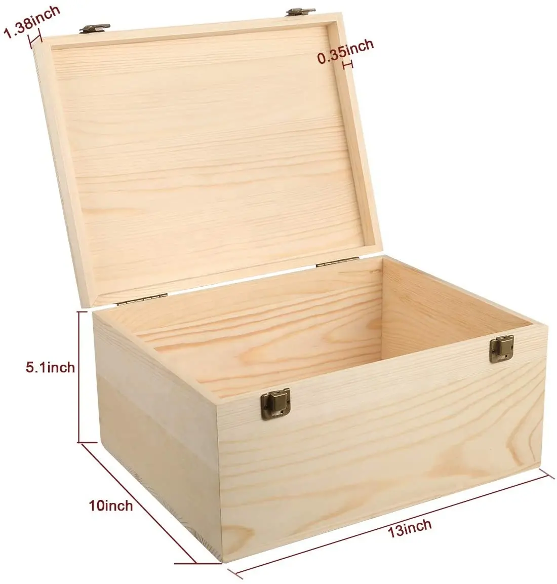 Boîte en bois non fini extra large-13x10x6,5 pouces Grande boîte en bois de pin avec couvercle à charnière et 2 fermoirs avant pour l'artisanat, l'art