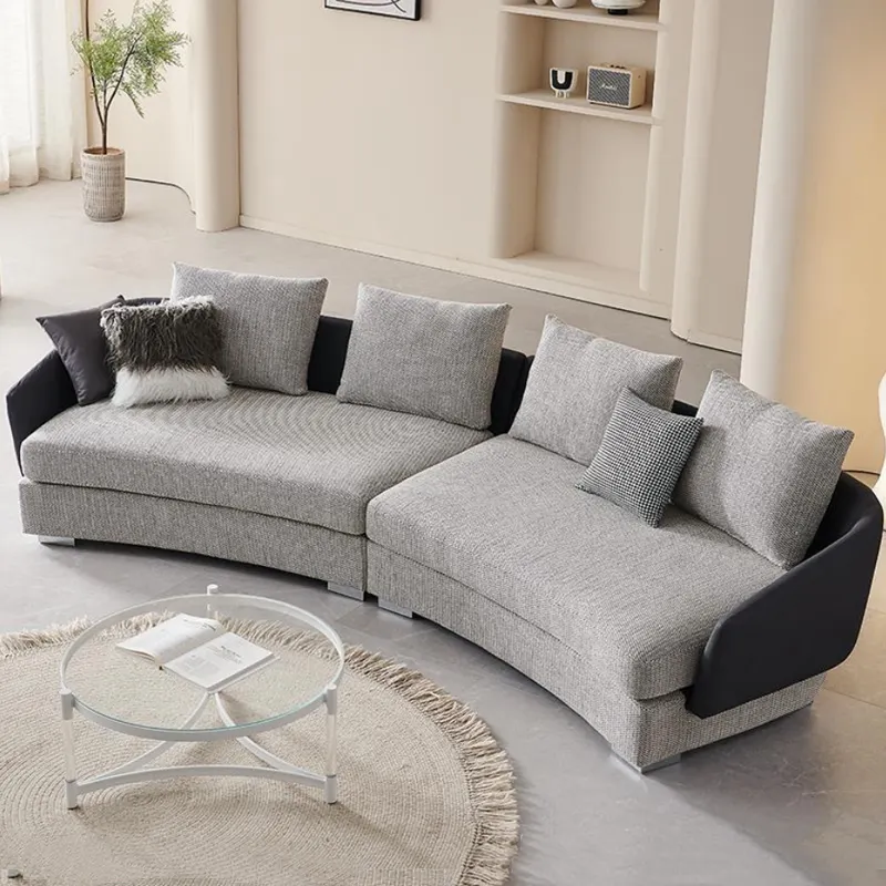 Sofá semiredondo de lujo estilo italiano moderno, sala de estar, sofá de cuero genuino con pata de acero inoxidable
