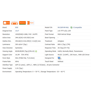800:1 NV156FHM-N61/2/3/5/6/8 300 Cd/m ² タッチなし15.6 "30ピン液晶画面1920*1080 WLED新しいラップトップ液晶画面91% SRGB - Product Image 6