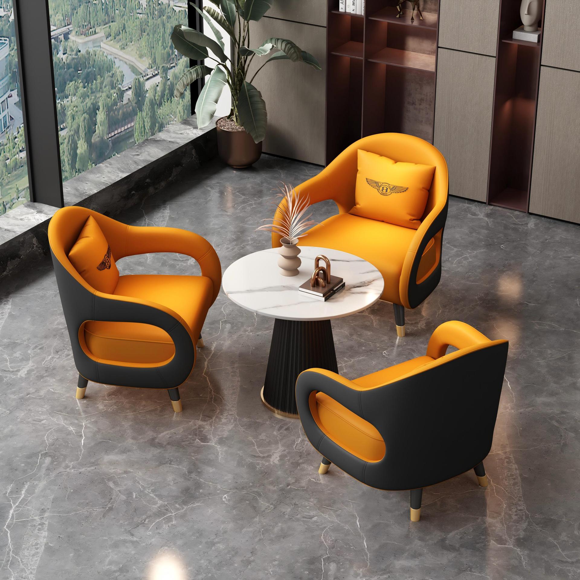 One table and three chairs (orange and black)