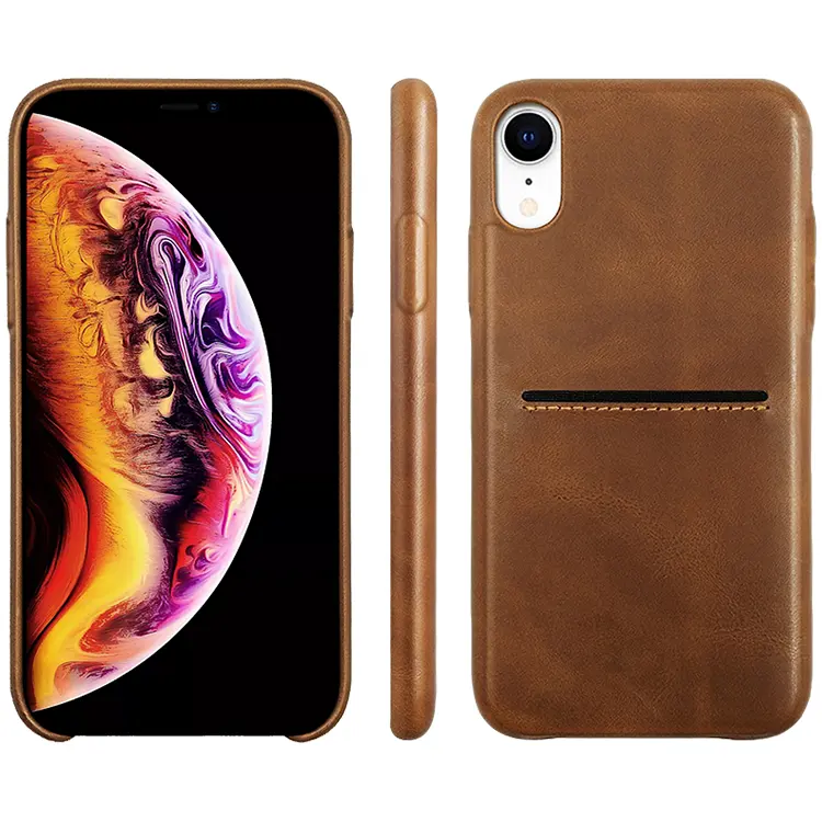 Handmade Real vintage brown Leather button Mobile Back Case with card slots For Iphone XR