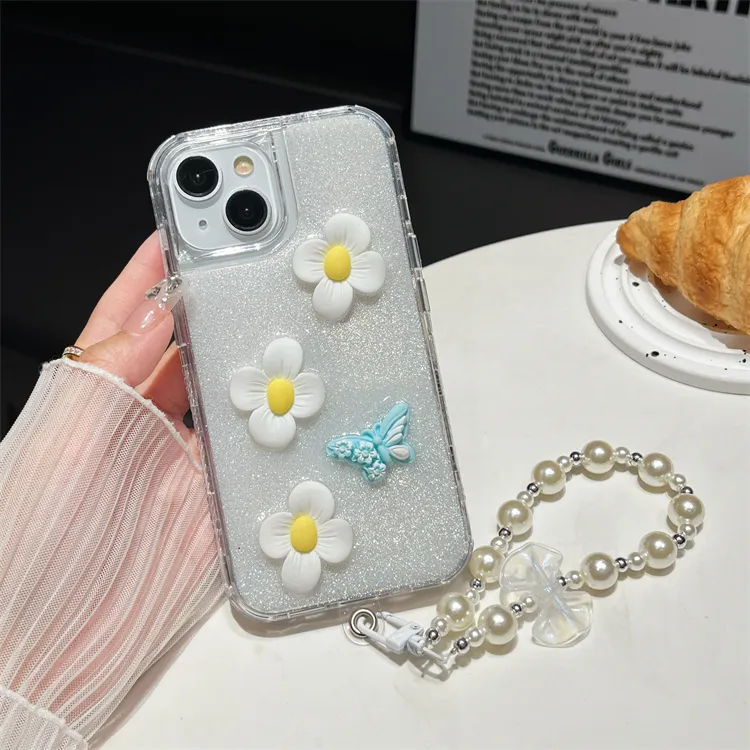 Hoge Kwaliteit 3 In 1 Met Ketting Bloem Hoge Beschermer Glitter Girly Telefoon Case Voor Iphone 15 14 13