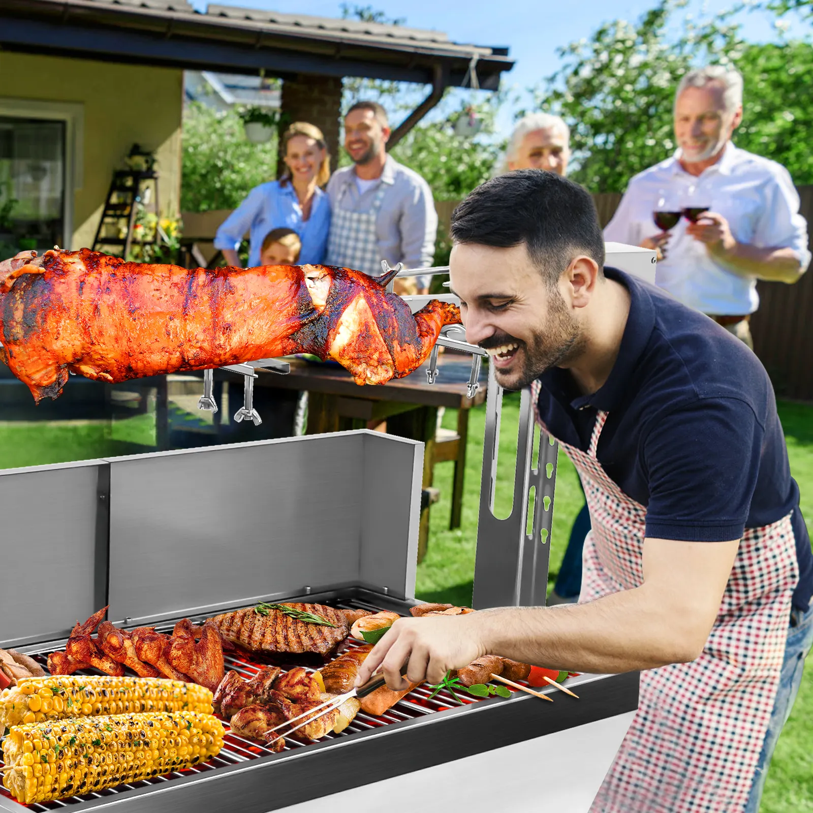 Presa di fabbrica lungo torrefazione di agnello barbecue allo spiedo griglia per barbecue griglia per esterni con copertina posteriore