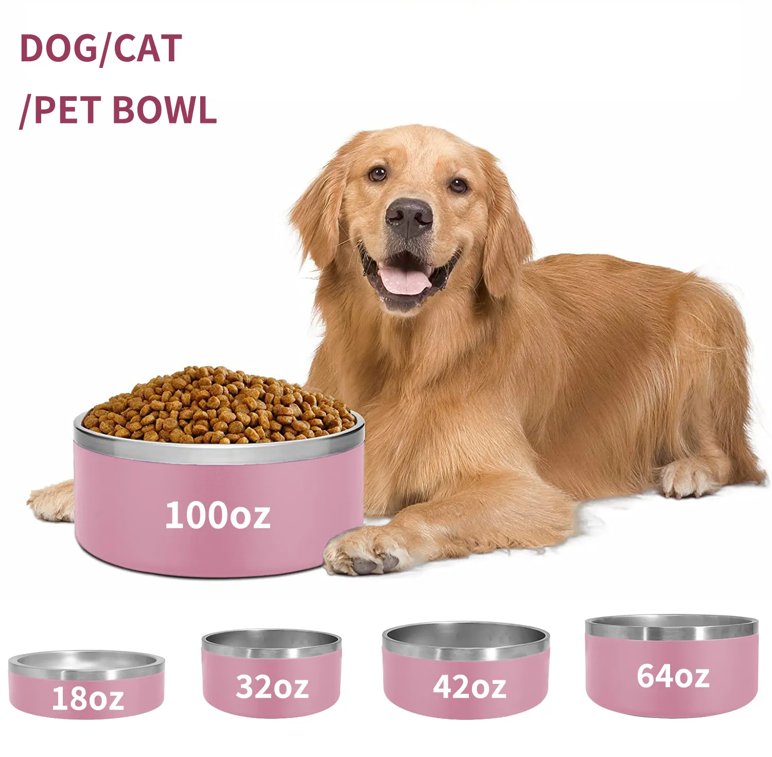 Customizable Logo 32oz/64oz Double Wall Cats Dogs Bowl Slow Feeder Stainless Steel Pet Food Water Bowl Dish Travel Size Metal