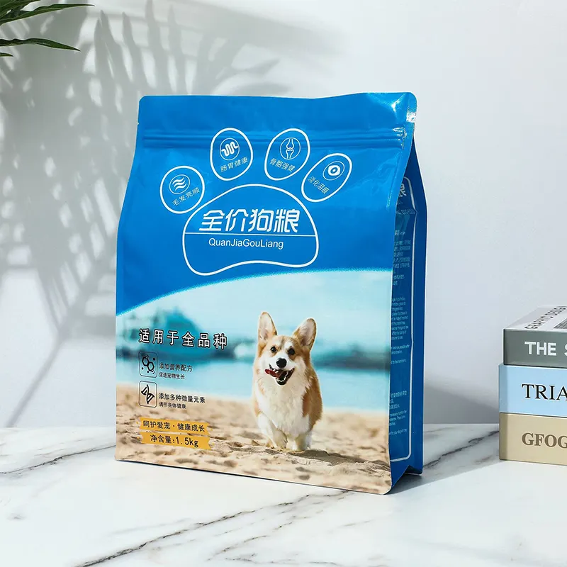 Bolsa de plástico con estampado de fondo plano personalizado, bolsa de pie con cremallera superior resellable, embalaje de alimentos para mascotas, gatos y perros