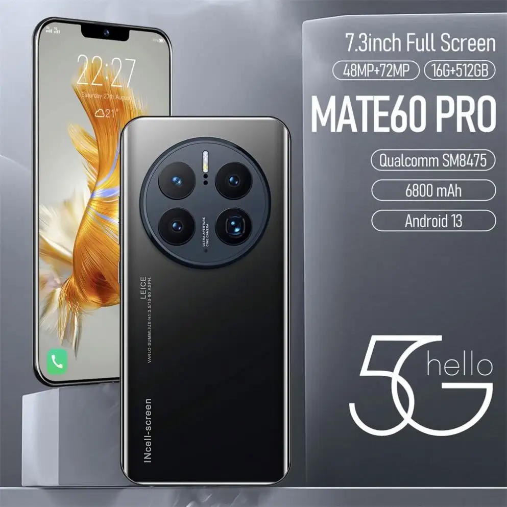 Mate60 pro ponsel 6.7 inci RAM 16gb ROM 10.0 GB, ponsel cerdas android Dual Octa Core dengan fitur pembuka kunci sidik jari/Wajah 16gb 512GB