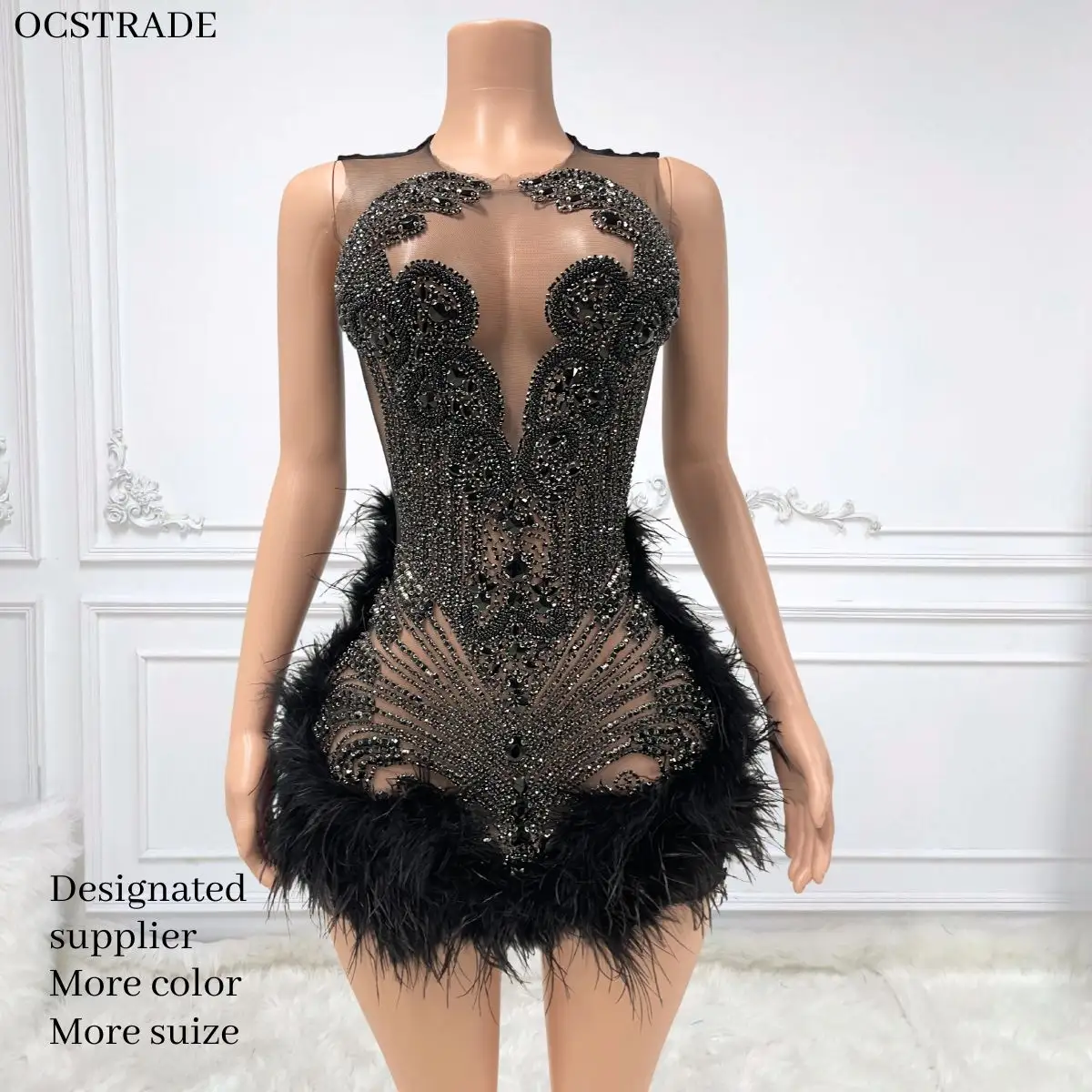 Ocstrade gaun bulu burung unta hitam dengan manik-manik kustom gaun Prom berlian imitasi Mini gaun pakaian klub seksi jaring tembus pandang 2023