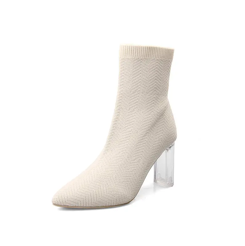 Estilo de moda Otoño Invierno letra F mujeres puntiagudas Stiletto tejido de punto elástico corto calcetín largo tacones botas populares