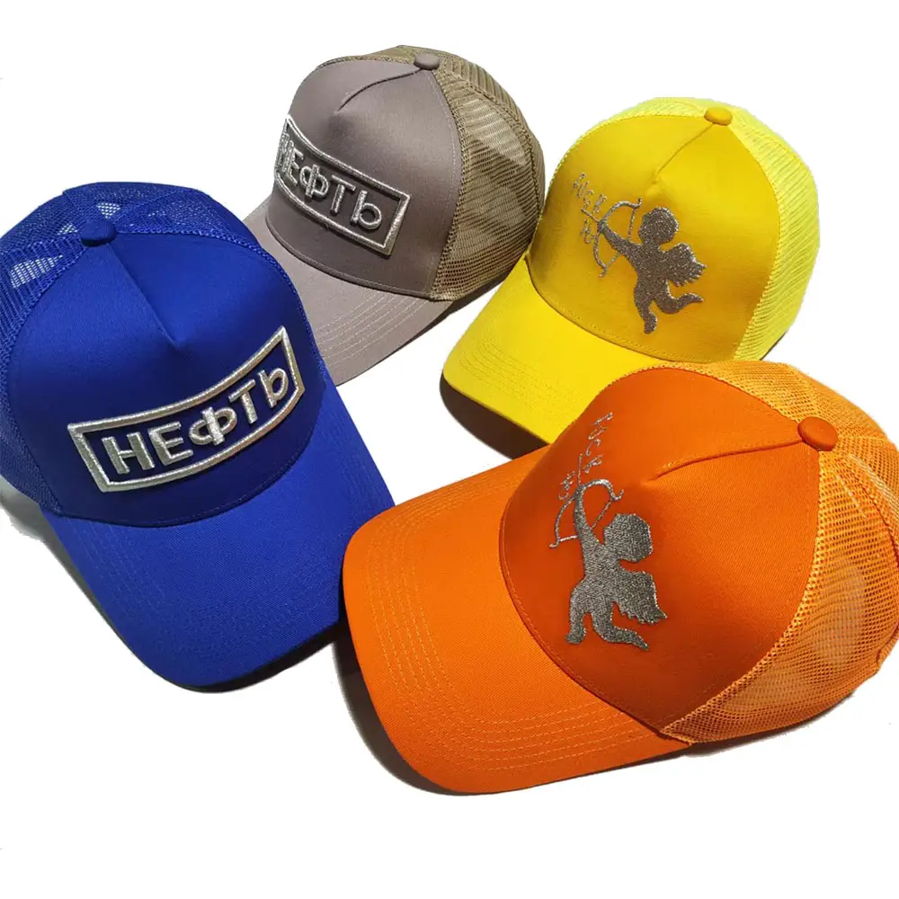 Silber faden genäht gestickt Baseball Trucker Hüte benutzer definierte 3d gestickte Logo Unisex Baumwolle Trucker Sport Mesh Caps
