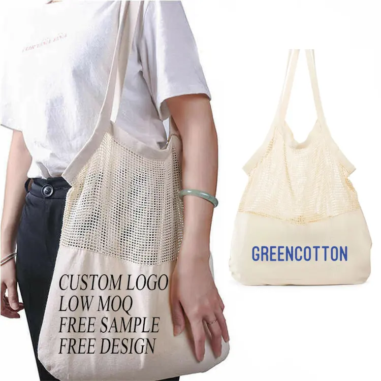 Commercio all'ingrosso Logo personalizzato manico lungo moda eco-friendly riutilizzabile cotone spesa cucitura borsa a rete per frutta