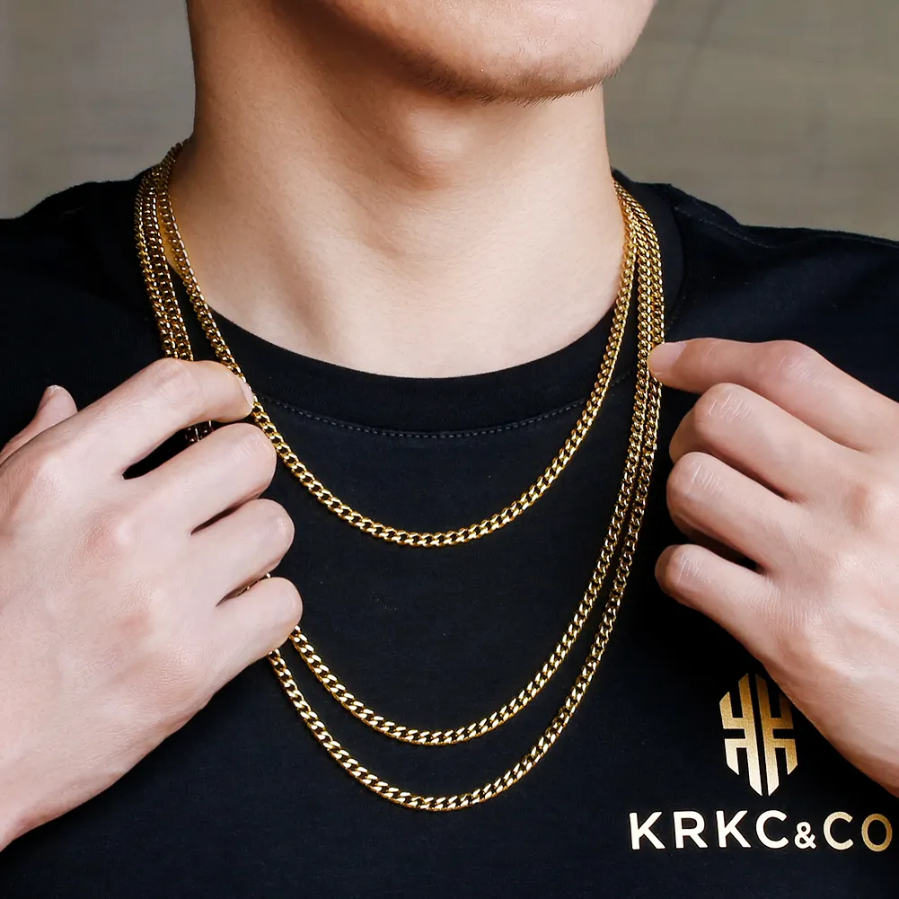 KRKC-collar de estilo Hip Hop para hombre, joyería de cadenas de oro de 4mm, 14k, 18k, acero inoxidable chapado en oro, cadena de eslabones cubanos Miami para hombre